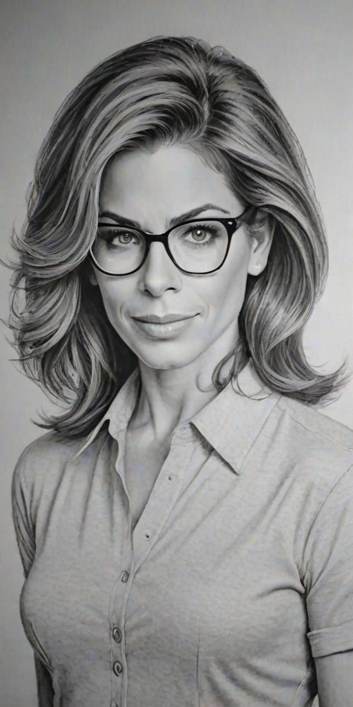 Fascinating Jillian Michaels, pencil sketch, portrait of Exquisite woman 1956s in glasses, hair style beatnik, outline, clear lines, fine lines, 8k