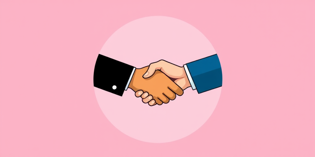 Create a vector illustration of two hands shaking, one in a black suit and one in a blue suit, centered in a circular frame with a soft pink background, using a high-resolution graphic design software, with a focus on clean lines and vibrant colors.