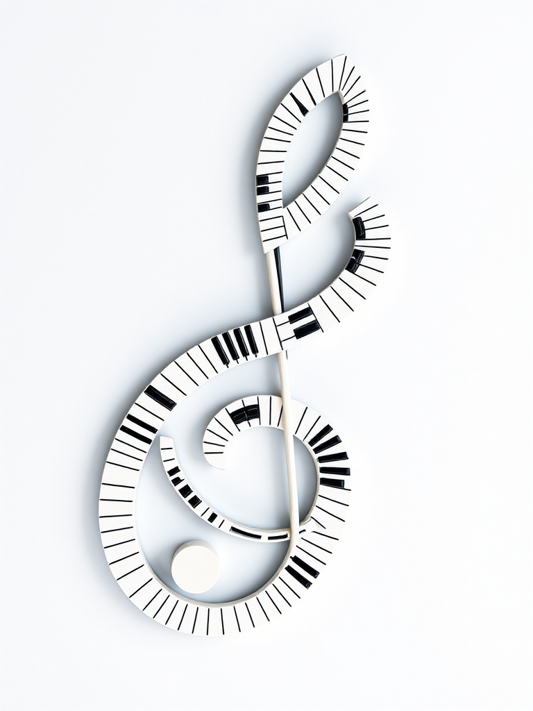 Create an intricate illustration of a treble clef designed with piano keys incorporated into its curves, high resolution, captured with a DSLR camera at f/2.8, ISO 200, 50mm lens, top-down view, natural lighting.
