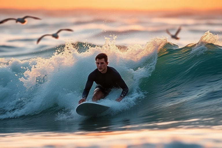 Blurry action shot of a surfer riding a wave at sunrise, water splashing up around them, the golden light of the early morning reflecting off the ocean, distant seagulls flying overhead, focus on the intense concentration on the surferes face.