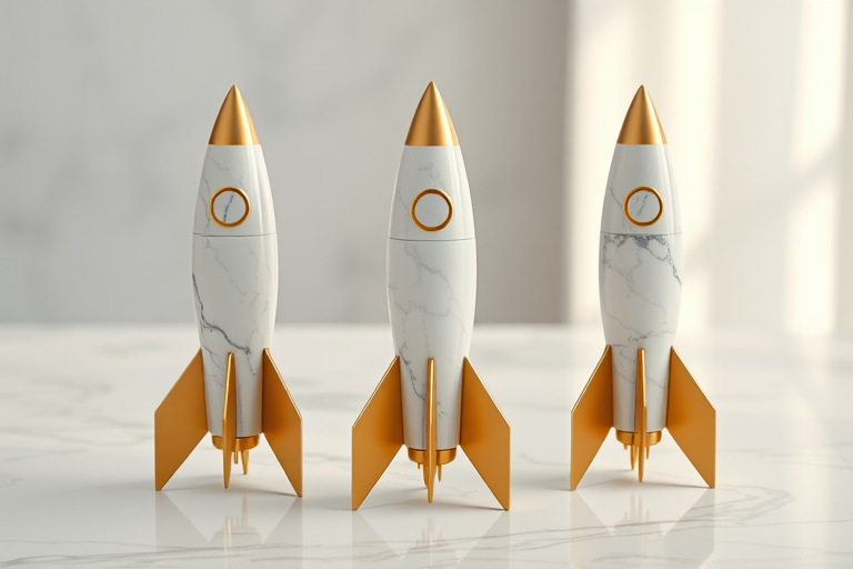 Capture a high-resolution image of three elegant rocket models made of marble and gold accents, positioned on a white marble surface with a soft, diffuse lighting setup, using a Canon EOS R5 with a 50mm lens, aperture set to f/2.8, ISO 100, and a shallow depth of field for a blurred background.