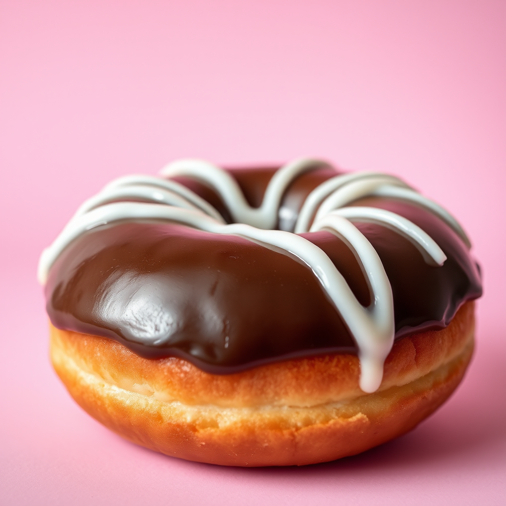 A realistic chocolate donut with a glossy finish, topped with white drizzle, against a soft pastel background, capture with a DSLR camera, 50mm lens at f/2.8, low angle view, natural lighting for soft shadows, vibrant colors.