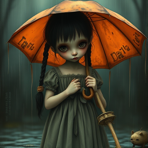 An eerie, weird little girl with dark hair in thin pigtails, wearing a smock dress, standing in the rain, holding a dirty orange umbrella, a small, odd creature beside her. In a surreal style inspired by Nicoletta Ceccoli and Brian Froud. Dark fantasy themes