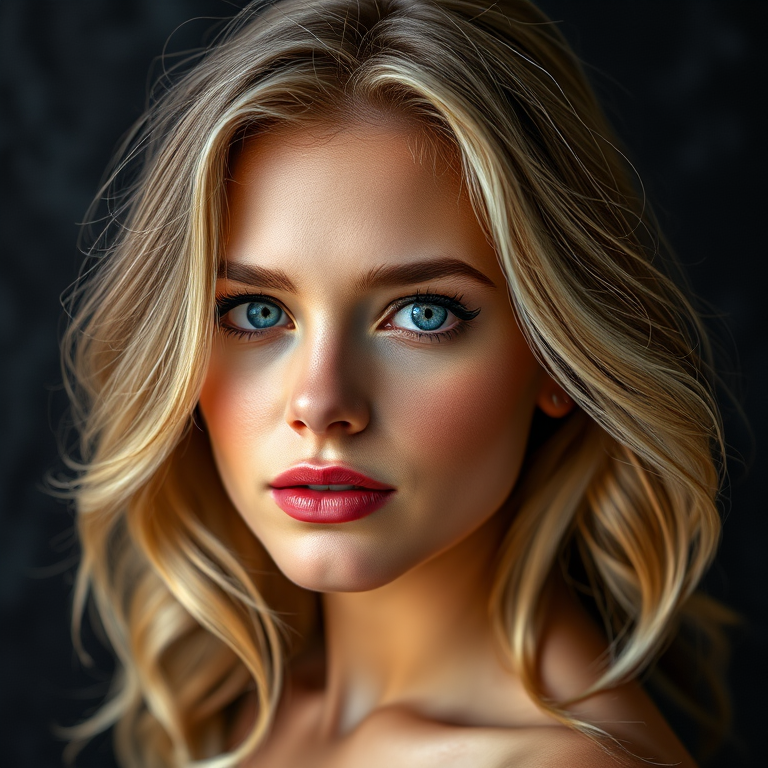 portrait of a beautiful blonde woman with soft waves and striking blue eyes against a dark textured background, natural light, 50mm lens, f/1.8 aperture, ISO 100, shallow depth of field, Canon EOS R5