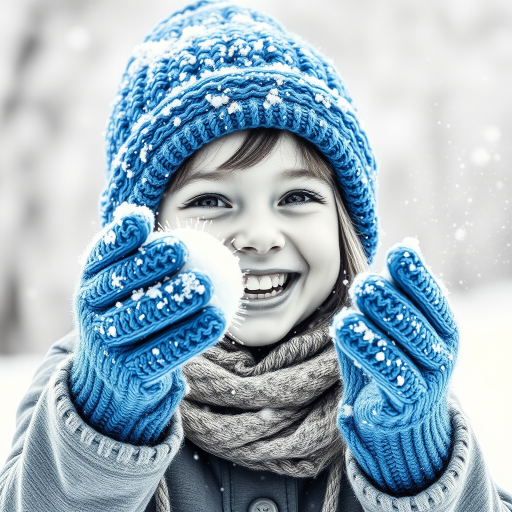 A hyperdetailed photorealistic macro image black and white pencil sketch of a young girl getting hit by a snowball during a snowball fight. She is wearing a brilliant sapphire blue wool beanie and bright blue mittens. She is trying to block the snowball by putting her hands up. The snowball hits her beanie and disintegrates into myriad tiny snowflakes caught with high speed photography. The girl is laughing and having a wonderful time.