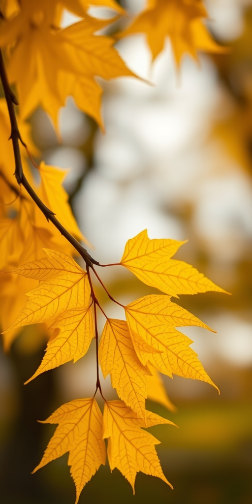 Capture a close-up shot of vibrant yellow autumn leaves on a branch, with a soft blurred background, using a Canon EOS R5, 85mm f/1.4 lens, aperture set to f/2.8, ISO 200, and a shutter speed of 1/200s to enhance image quality.