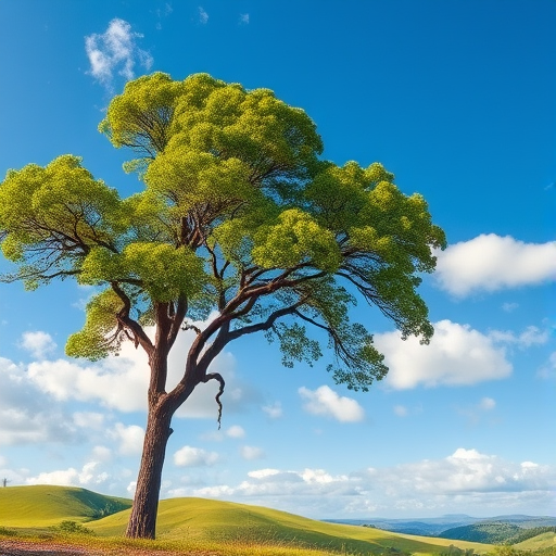 Regenerate a vibrant landscape scene with a large tree in the foreground, rolling green hills in the background, and fluffy clouds in a bright blue sky, using a wide-angle lens, f/8 aperture, 24mm focal length, and soft lighting for a tranquil atmosphere.