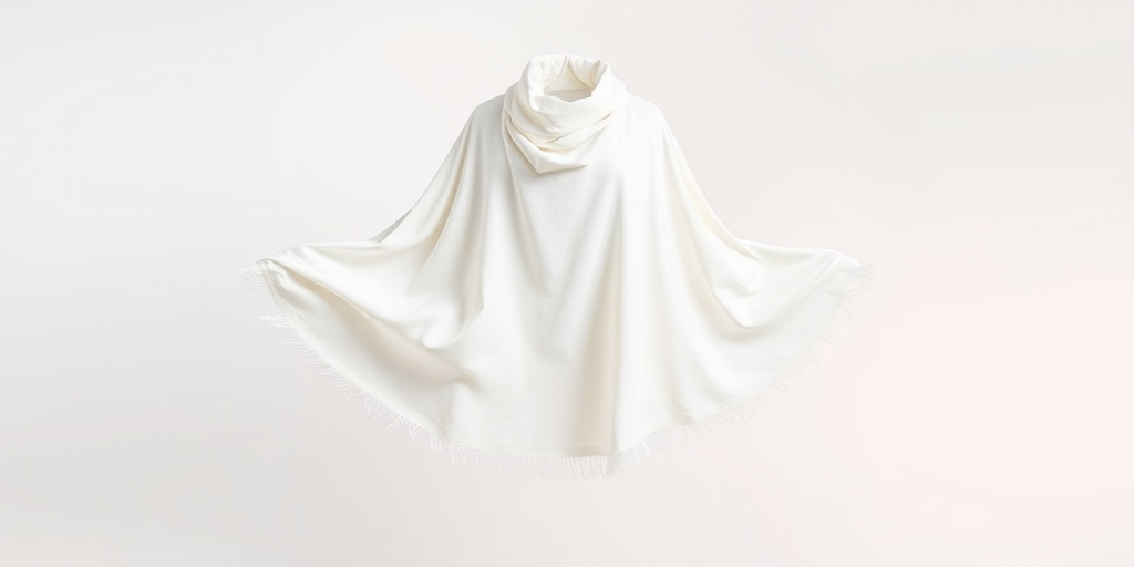 Create a high-resolution image of a flowing white poncho draped elegantly against a soft gradient background, camera settings: 50mm lens, f/1.8 aperture, ISO 100, shutter speed 1/200s, camera view: frontal perspective, camera style: soft focus, camera type: DSLR.