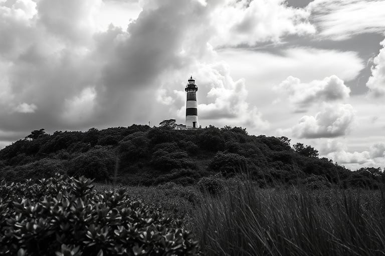 a black and white photograph of a tall lighthouse on a hill surrounded by lush greenery under a dramatic cloudy sky, shot in RAW format with a Canon EOS 5D Mark IV, 50mm lens, f/8 aperture, ISO 100, and a shutter speed of 1/200 seconds, capturing a wide-angle view for enhanced depth and detail