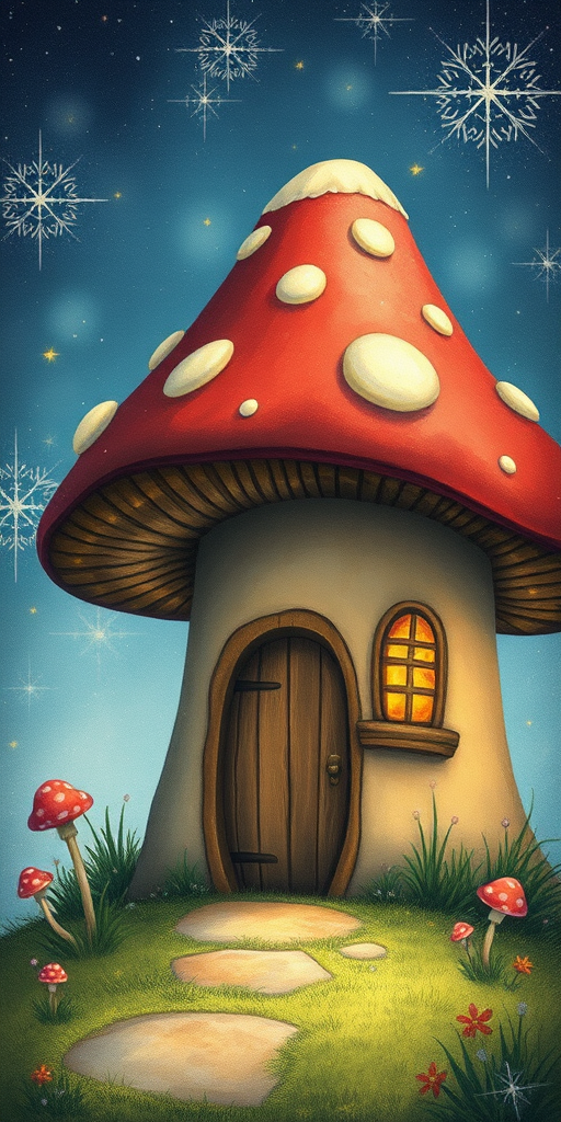this image is illustration of a mushroom house with a door and a window, a storybook , fantasy art, mushroom house, bg starry sky, sparkles