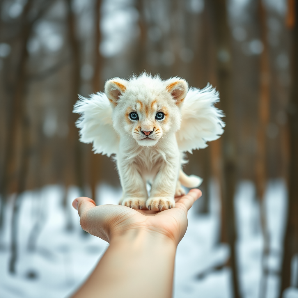 A small, white lion cub with angelic wings standing on a human hand. The cub has a soft, fluffy texture with detailed fur, expressive blue eyes, and a curious expression. The wings are large and feathery, blending seamlessly with its fur, giving an ethereal appearance. The background is a winter forest, with the ground covered in snow and blurred brown trees, creating a serene atmosphere. The human hand in the foreground is positioned palm-up, supporting the lion cub gently, fingers slightly curled. The lighting is soft and diffused, enhancing the tender and magical feel of the scene. Colors are predominantly neutral with white, cream, and soft browns, contrasting with the subtle blue of the lion cub's eyes. The overall composition is balanced, with the cub at the center, creating a focal point that draws the viewer's attention immediately.