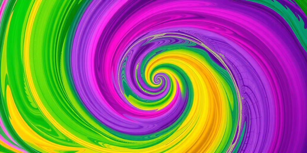Create a vibrant spiral pattern with swirling colors of green, purple, pink, and yellow, using a Canon EOS R5 camera, ISO 100, f/8 aperture, 50mm lens, shot from a top-down view in high dynamic range style.