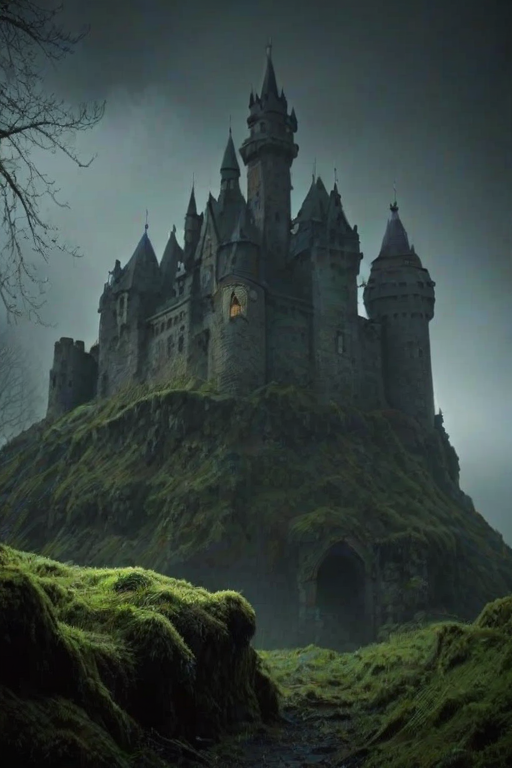 scene, huge castle, moss, mist, fog, mistery, dark fantasy, low light, depth of field, highly detailed, high contrast, film grain, Rim Lighting, Long Exposure, DSLR