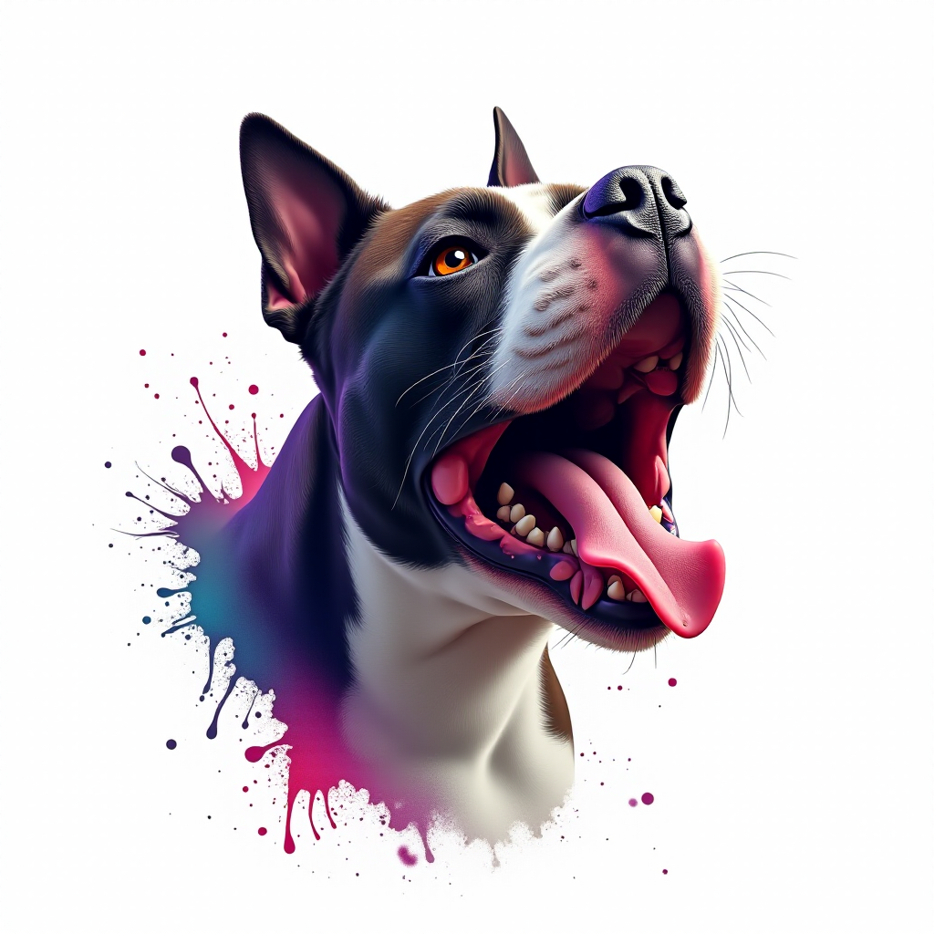 Create a hyper-detailed splash art of an American Bully dog's head on a clean white background. The design should include vibrant color splashes and drips in complementary colors, focusing on the tongue and eyes, expressive features and intricate contours. The dog's expression should be intense, almost roaring, and the overall composition should be different positions, feel fantastic and dynamic, as if a part of a digital fantasy artwork would be rendered in an 8k resolution, inspired by a mix of oil painting techniques and a stylized, epic Instagram aesthetic.