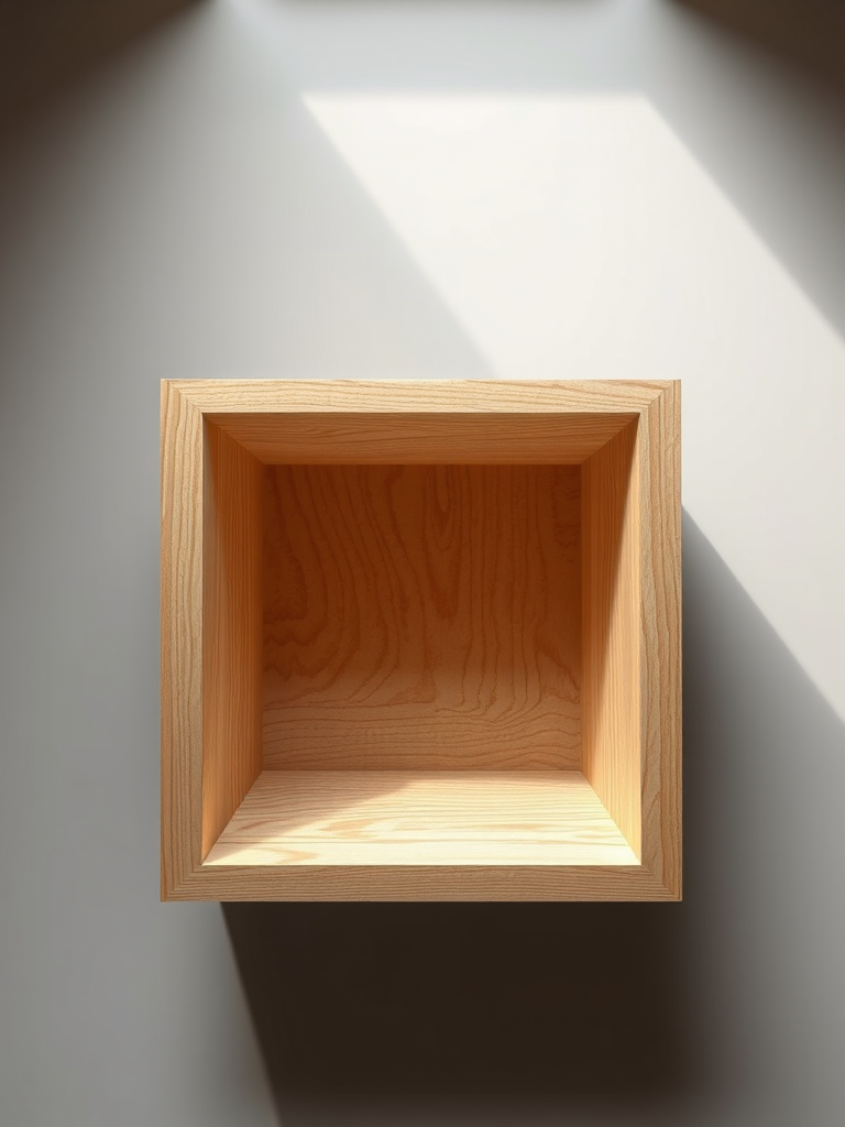Create a detailed 3D rendering of an empty wooden box viewed from a top-down perspective, with realistic lighting and shadows, using a DSLR camera with a f/2.8 aperture, 35mm focal length, and ISO 100 to enhance image quality.