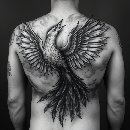 Dramatic black and gray body tattoo of a soaring phoenix rising from ashes, spanning the entire back with hyper-realistic shading and intricate feather details