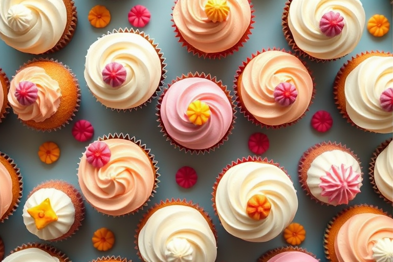 Create a colorful pattern design featuring a variety of cupcakes with creamy frosting and decorative elements, using a Canon EOS R5 camera with an aperture of f/4, ISO 100, and a 50mm lens, shot from a top-down view in natural light for enhanced detail and texture.