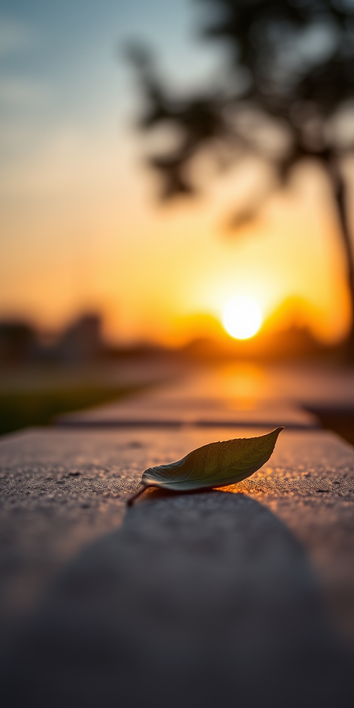 close-up of a leaf resting on a smooth concrete surface during sunset with a shallow depth of field, ISO 200, f/2.8 aperture, 50mm lens, shot with a DSLR camera in natural light to enhance image quality