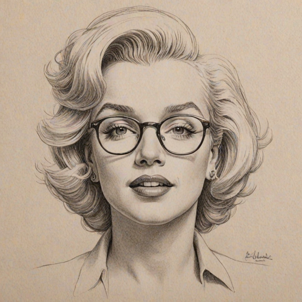 Comely Marilyn Monroe, pencil sketch, portrait of Fetching woman 1977s in glasses, hair style beatnik, outline, clear lines, fine lines, 8k