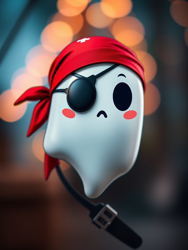 Create a cartoon pirate ghost character with a red bandana and eye patch, using a Canon EOS R5, 50mm lens, f/1.8 aperture, ISO 100, in a soft-focus depth of field style with vibrant colors and high contrast.