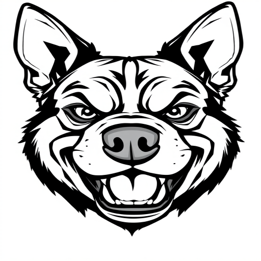 Create a high-resolution black and white vector illustration of an angry dog face with exaggerated features, low-angle view, using a DSLR camera with a 50mm lens at f/1.8, ISO 100, and shutter speed 1/200 sec.