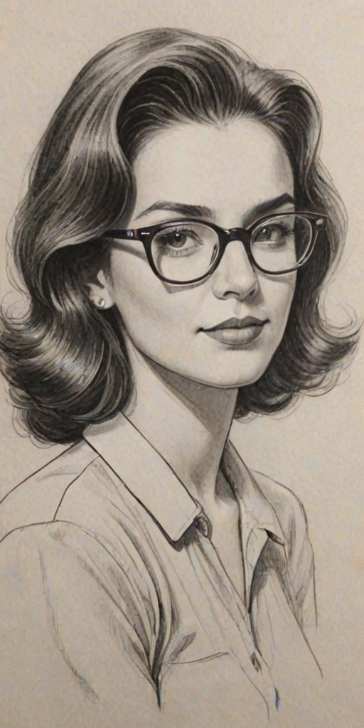 Comely Monica Barbaro, pencil sketch, portrait of Superb woman 1944s in glasses, hair style beatnik, outline, clear lines, fine lines, 8k