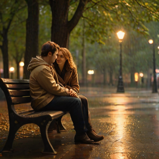 Warmly lit photo of a couple sitting on a park bench in the rain, soft glow from a nearby streetlamp casting a golden hue on the scene, raindrops gently falling around them, their hands intertwined, the distant sound of rain tapping on the leaves and pavement filling the air.