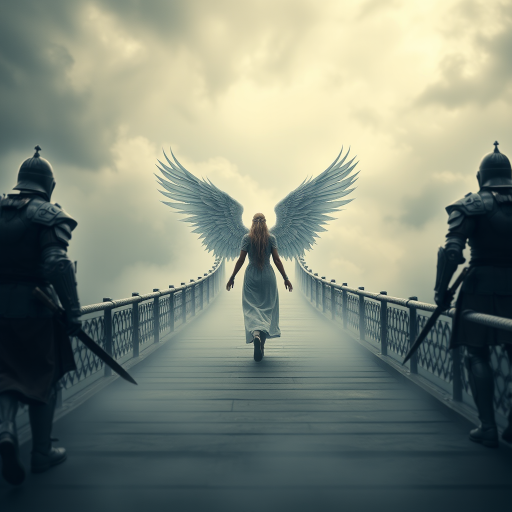 A serene figure with angelic wings walking on a misty bridge, flanked by two armored warriors, dramatic overcast sky, cinematic lighting, wide-angle lens, f/2.8 aperture, 24mm focal length, ISO 100, soft focus.