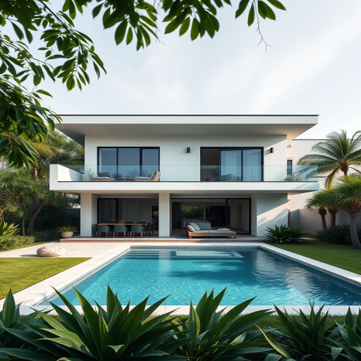 Create a high-resolution architectural rendering of a modern two-story house with a pool, surrounded by lush greenery, captured with a Canon EOS R5 at f/8, ISO 100, 24mm wide-angle lens from a slightly elevated angle to enhance perspective and detail.
