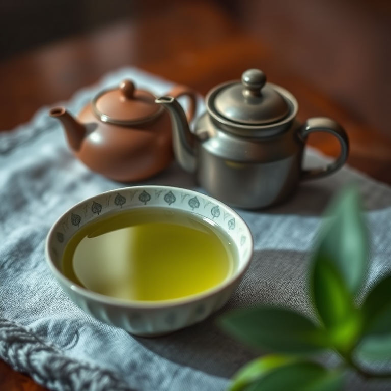 Still life of a small teapot and a bowl of green tea on a textured cloth, soft natural lighting, shallow depth of field, captured with a Canon EOS R5, 50mm f/1.2 lens, aperture f/2.0, ISO 100, 1/125 sec.