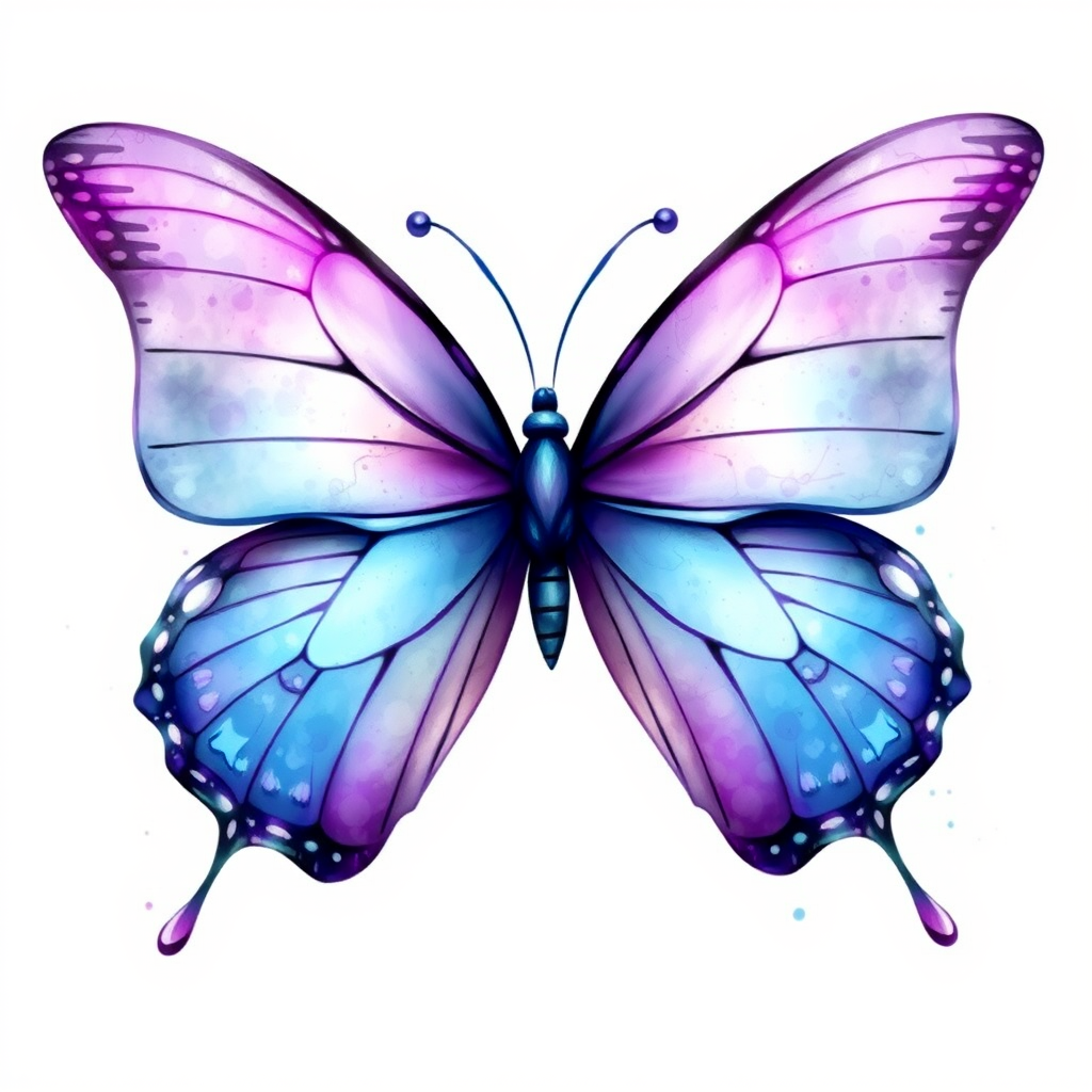 Create an artistic illustration of a butterfly with large wings. The wings should be a blend of vibrant purple and blue hues, featuring delicate swirls and splashes of watercolor effects. The background should be soft and light, enhancing the ethereal quality of the butterfly.