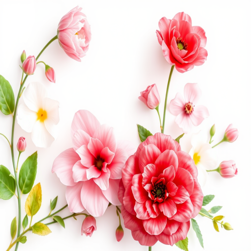 floral corner design with pink, red, and white flowers, watercolor style, high-resolution, soft focus, natural light, f/2.8 aperture, 50mm lens, DSLR camera, vibrant colors, detailed textures, isolated on white background