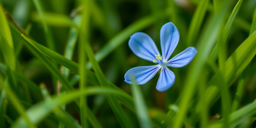 Close-up of a delicate blue flower surrounded by lush green grass, f/2.8 aperture, ISO 100, 50mm lens, macro photography style, DSLR camera, natural lighting, shallow depth of field.