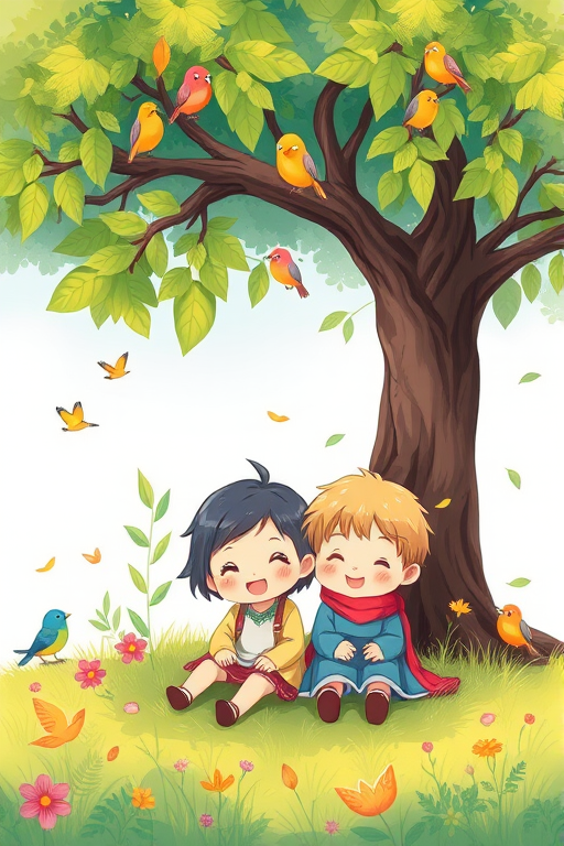 Create a vibrant illustration of two cute cartoon characters sitting on grass under a tree, surrounded by colorful birds and leaves, using a digital art style with soft pastel colors; camera settings: f/8, ISO 100, 1/60s; camera view: wide angle; camera style: digital illustration; camera type: digital tablet.