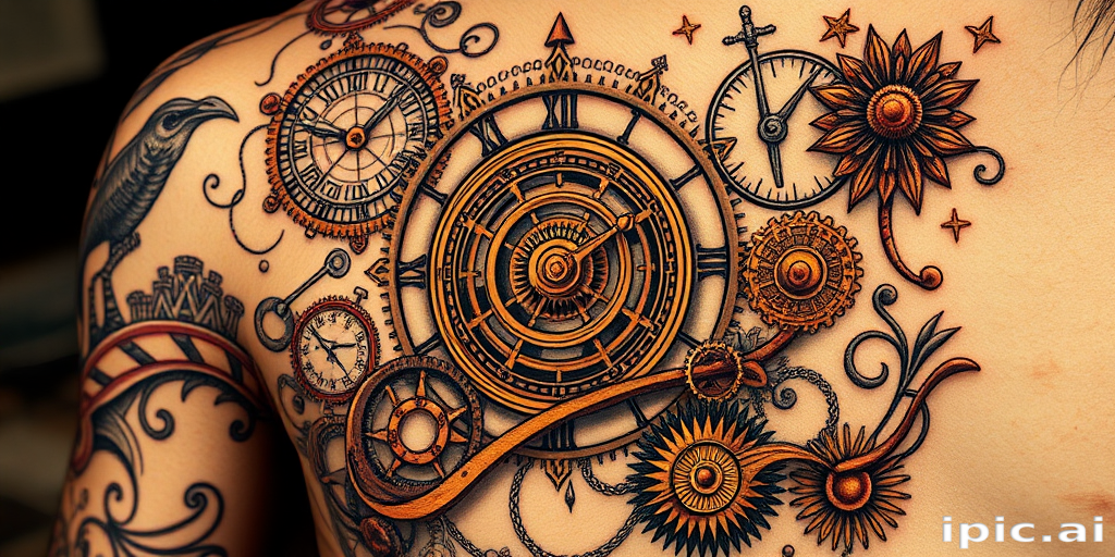 Steampunk-inspired tattoo featuring intricate clockwork mechanisms and Victorian-era elements, sepia tones with copper and brass accents, vintage industrial aesthetic with ornate details