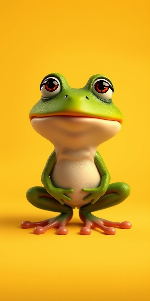 Create a 3D animated character of a quirky frog with a mischievous expression, set against a solid background, using a Canon EOS 5D Mark IV, 50mm lens, f/1.8 aperture, ISO 100, 1/200 shutter speed, soft lighting for a whimsical effect.