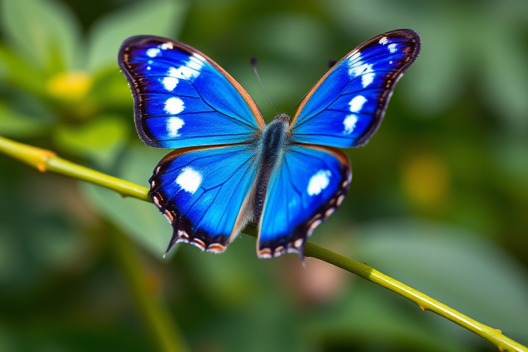 Create an image of a vibrant blue butterfly with striking white spots on its wings, perched on a green stem in a natural setting. The butterfly should display rich colors and intricate patterns, showcasing its delicate and beautiful features against a blurred background of foliage.
