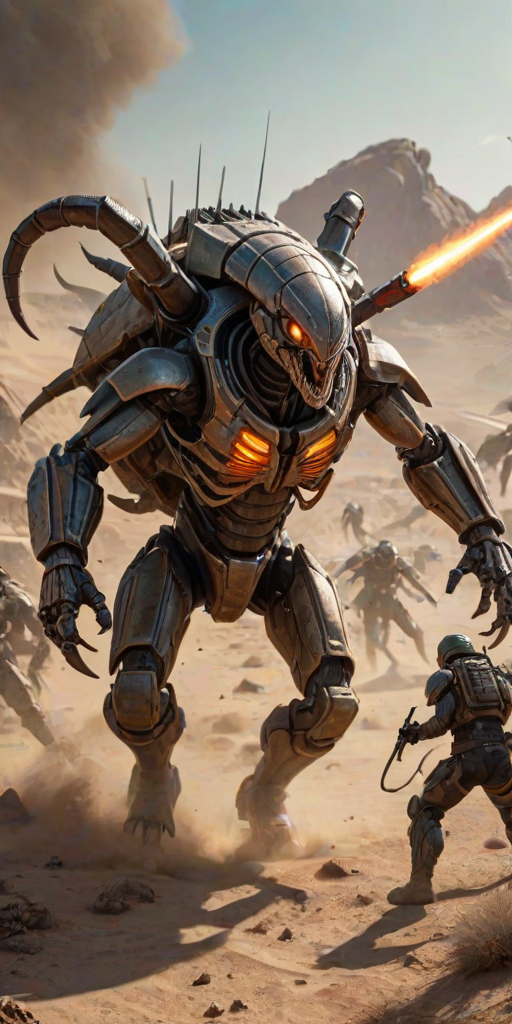 A giant scorpion commando leads a charge, its pincers holding large, glowing energy blades while its tail fires precision laser shots from a mounted cannon. Surrounding it are smaller insect commandosâants with flamethrowers and hornets with energy gauntletsâpreparing for an ambush. The battlefield is a post-apocalyptic desert with strange, alien flora dotting the landscape. The insects stances are tense, crouching low to the ground, preparing for a coordinated attack. The mixture of traditional melee and advanced sci-fi weaponry gives the scene a primal, yet futuristic, warlike energy