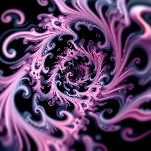 Create a high-resolution abstract fractal image with intricate swirling patterns and soft pastel colors on a black background, shot with a DSLR camera at f/2.8, ISO 100, 1/125s, using a macro lens for fine detail and a low-angle view for dynamic perspective.
