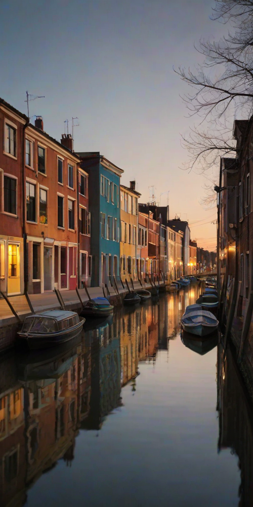 Soft-focus image of a row of colorful houses along a quiet canal at dusk, soft golden light from street lamps reflecting off the water, with a boat gently gliding past and distant buildings silhouetted against the evening sky.