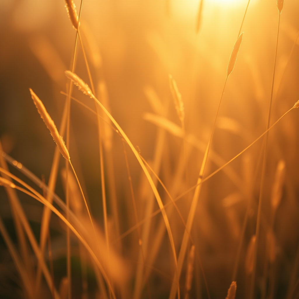 Close-up shot of golden grass with soft sunlight filtering through, f/2.8 aperture, 50mm lens, ISO 100, shallow depth of field, natural lighting, DSLR camera, warm color tone.