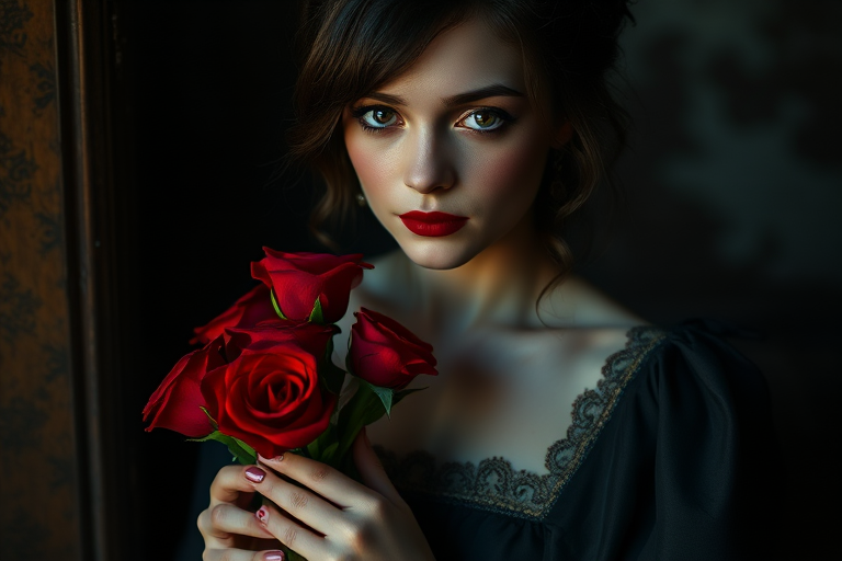 portrait of a woman in a vintage gothic dress holding red roses, dimly lit with moody shadows, soft focus to highlight facial features, ISO 100, f/1.8, 85mm lens, natural light, DSLR camera, shallow depth of field