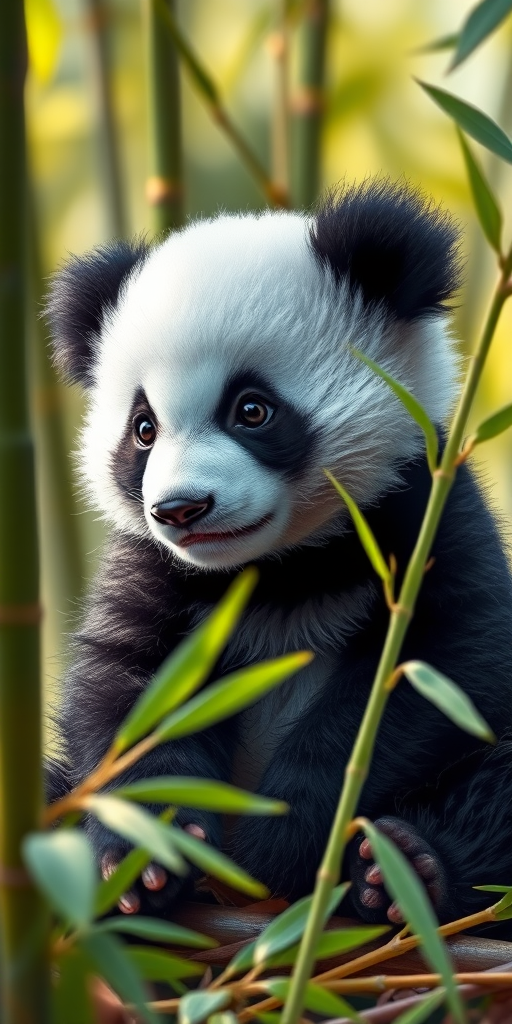Regenerate a digital illustration of a cute panda cub sitting amidst bamboo, with a soft focus background, using a Canon EOS 5D Mark IV camera, 85mm lens, f/1.8 aperture, ISO 100, and natural lighting to enhance the softness and detail of the fur.