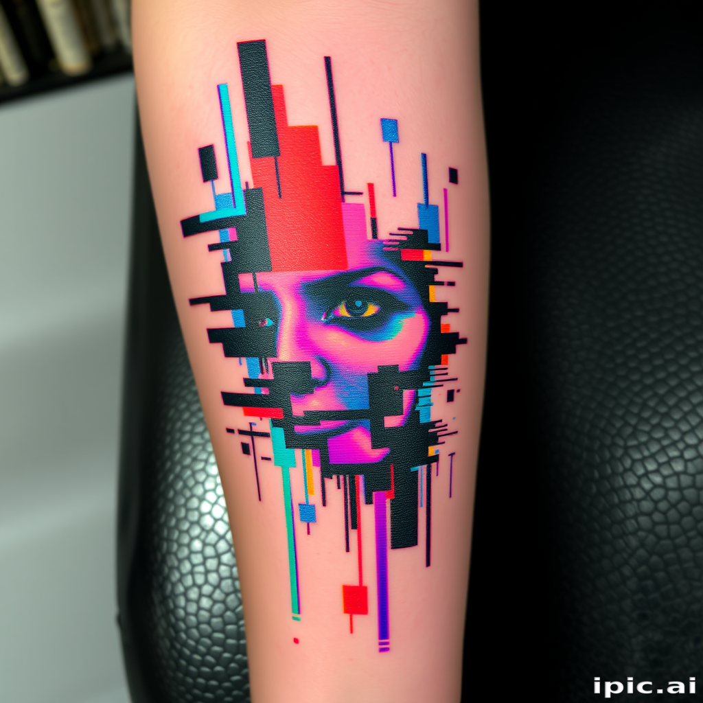 Glitch art tattoo named "Digital Distortion" incorporating pixelated elements and color shifts to create the illusion of a digital malfunction within an otherwise realistic image