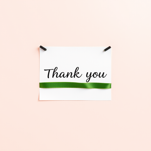 Create a simple and elegant thank you banner with a green ribbon on a soft gradient background, using a Canon EOS R camera, 50mm lens, f/2.8 aperture, ISO 100, natural light, and a slight top-down angle to enhance the visual quality.