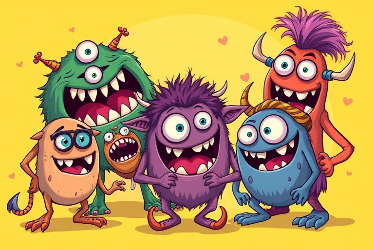 Create an illustration of a group of whimsical cartoon monsters with exaggerated features and vibrant colors in a playful pose, using a digital art style with a bright background, captured with a high-resolution vector graphics approach for clarity and detail.