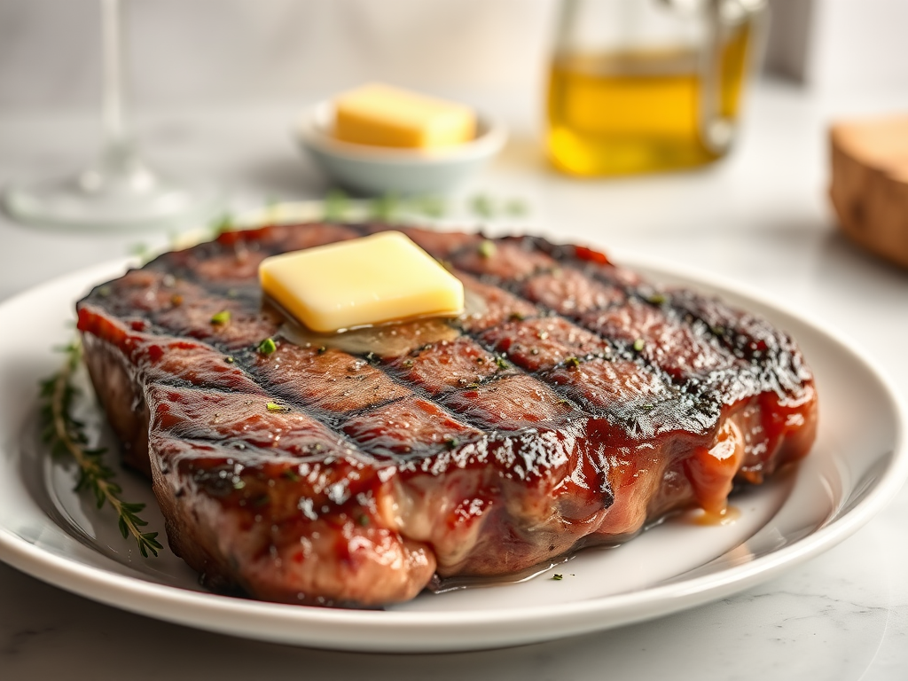 Create an image of a perfectly seared ribeye steak, resting on a white plate with a pat of melting butter on top. The steak is seasoned with fresh herbs like thyme and parsley, with glistening juices highlighting the texture of the meat. The background features a soft focus on a light, marble countertop, with a small dish of butter and an olive oil bottle in the distance. The overall mood should be warm and inviting, capturing the deliciousness and juiciness of the steak.