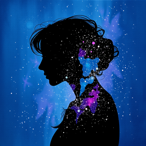 Captivating conceptual render alcohol ink art, double exposure, the paint strokes artfully merge combining a woman's full silhouette with a Sprightly serval's silhouette. The figures are composed of a series of colored dots, lines & spots that evoke the image of a cosmic galaxy, colors are deep shades of blue purple & black with flashes of white & silver representing distant stars. The woman's silhouette is formed within the lion's silhouette from constellations of scattered stars, surreal