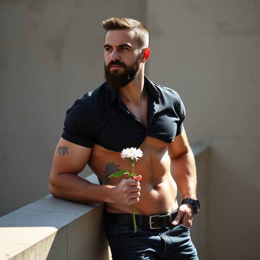 An image of a man with beard, holding a flower, leaning on a wall  with sunlight cascading his body, with abs, wearing a black shirt that fits his body some veins and sweat are visible in the arms, a jeans pants, a short hair, 4k UHD resolution" (the watch was not in the prompt, but the AI gave him that