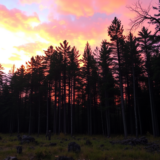 Generate a high-resolution image of a forest scene at sunset, with vibrant colors in the sky and detailed tree textures, captured using a DSLR camera with a 50mm lens, aperture f/1.8, ISO 100, and a shallow depth of field for a dreamy effect, shot at eye level in natural lighting.